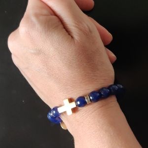 Faceted Dark Blue Agate Beaded Stretch Bracelet